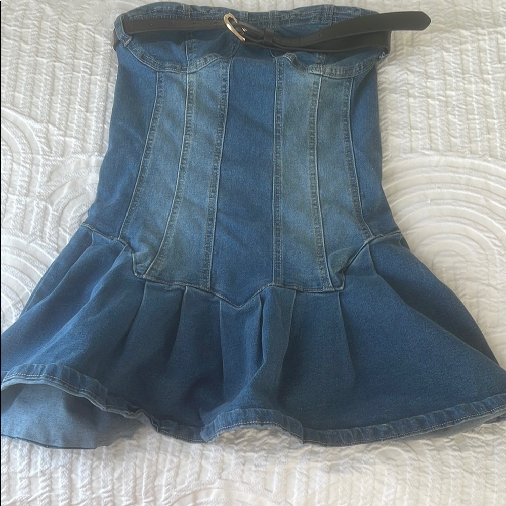 Denim Strapless Dress with Black Belt
